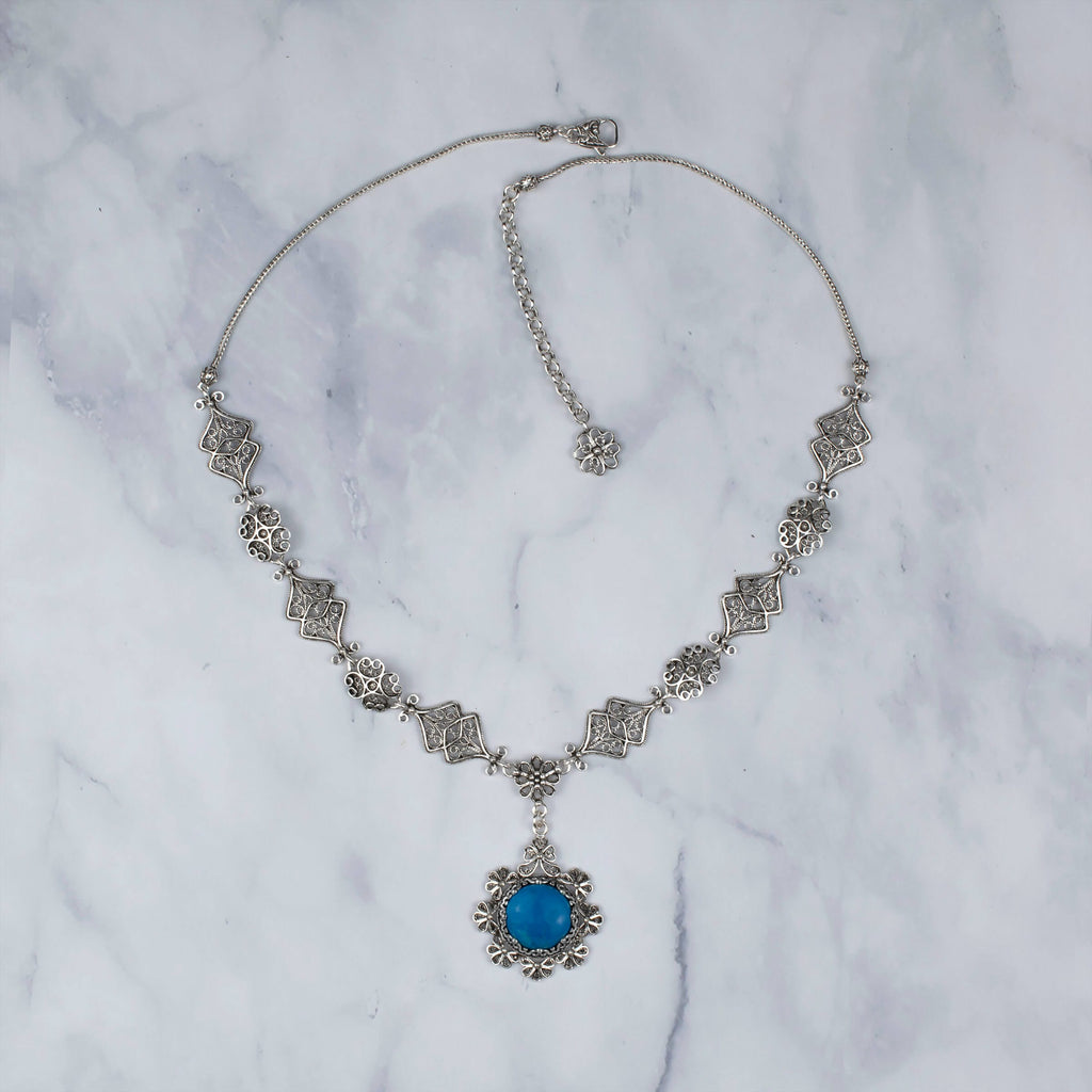 Filigree Art Turquoise Gemstone Women Silver Choker Necklace