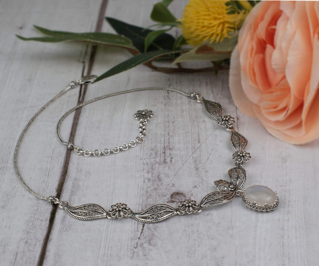 Filigree Art Gray Moonstone Gemstone Women Silver Princess Necklace