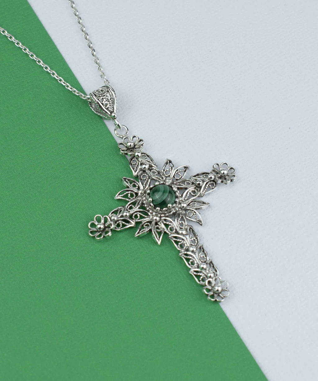Filigree Art Malachite Gemstone Women Silver Cross Pendant Necklace