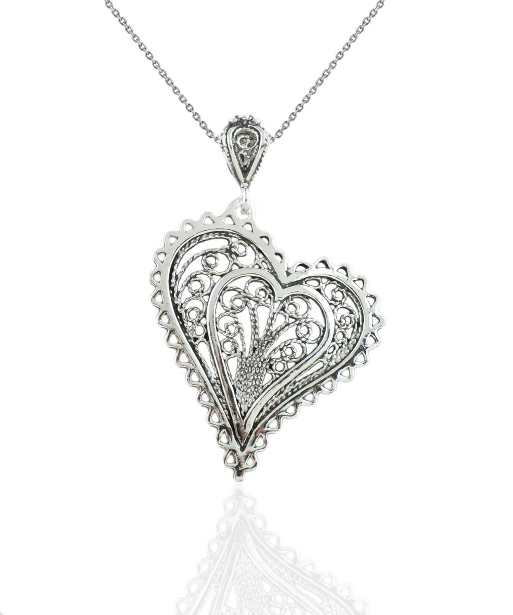 Filigree Art Asymmetric Heart Women Silver Pendant Necklace