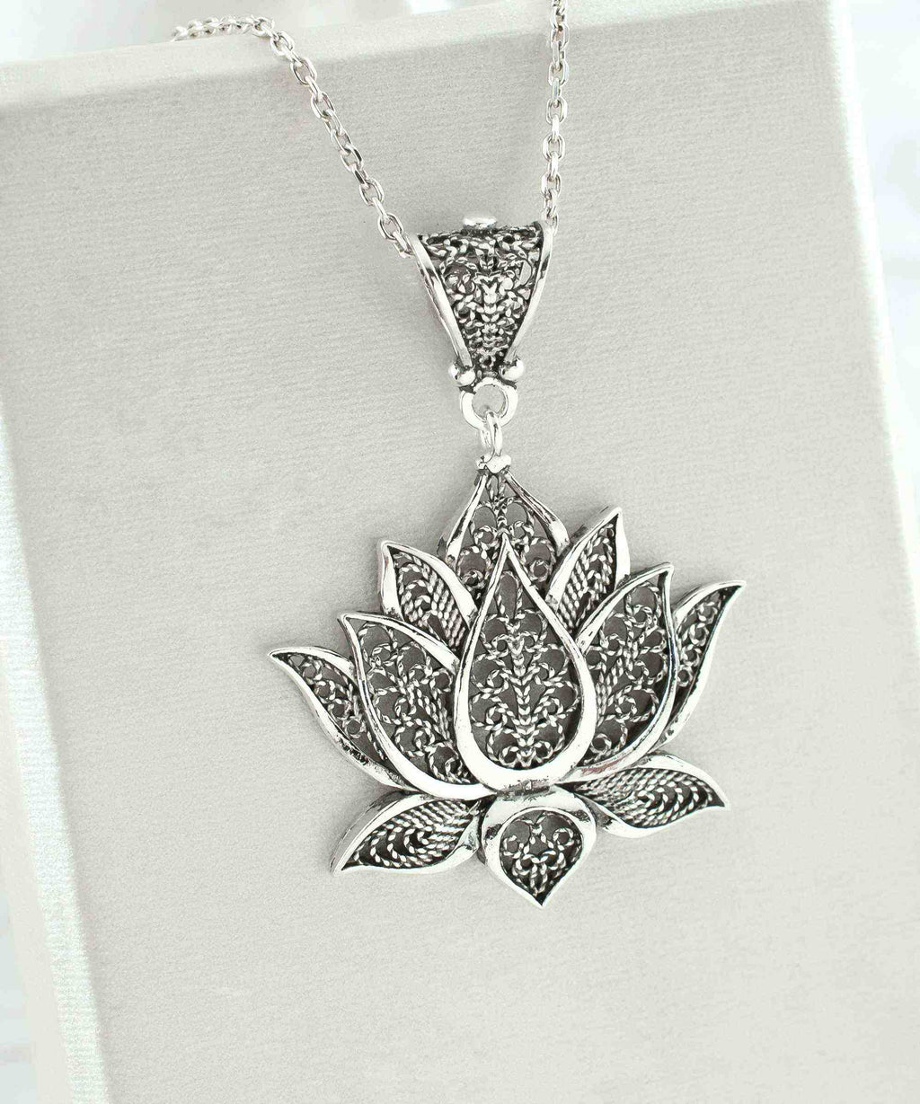 Filigree Art Sterling Silver Lotus Flower Women Pendant Necklace
