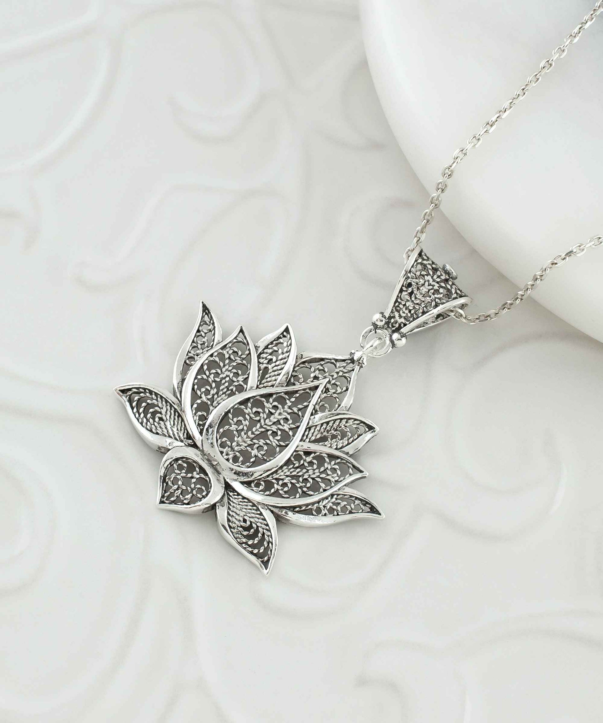 Filigree Art Sterling Silver Lotus Flower Women Pendant Necklace