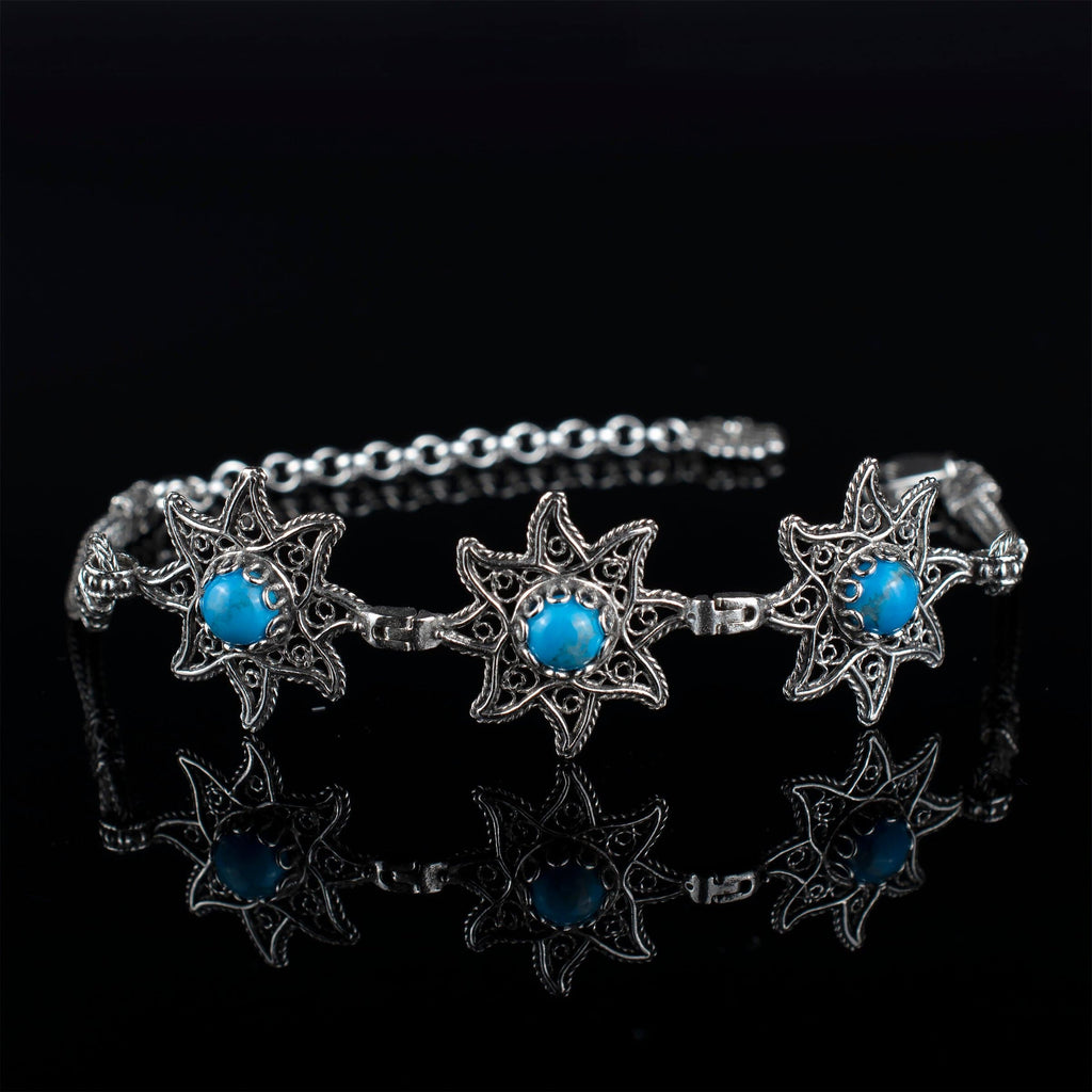 Filigree Art Turquoise Gemstone Star Figured Women Silver Link
