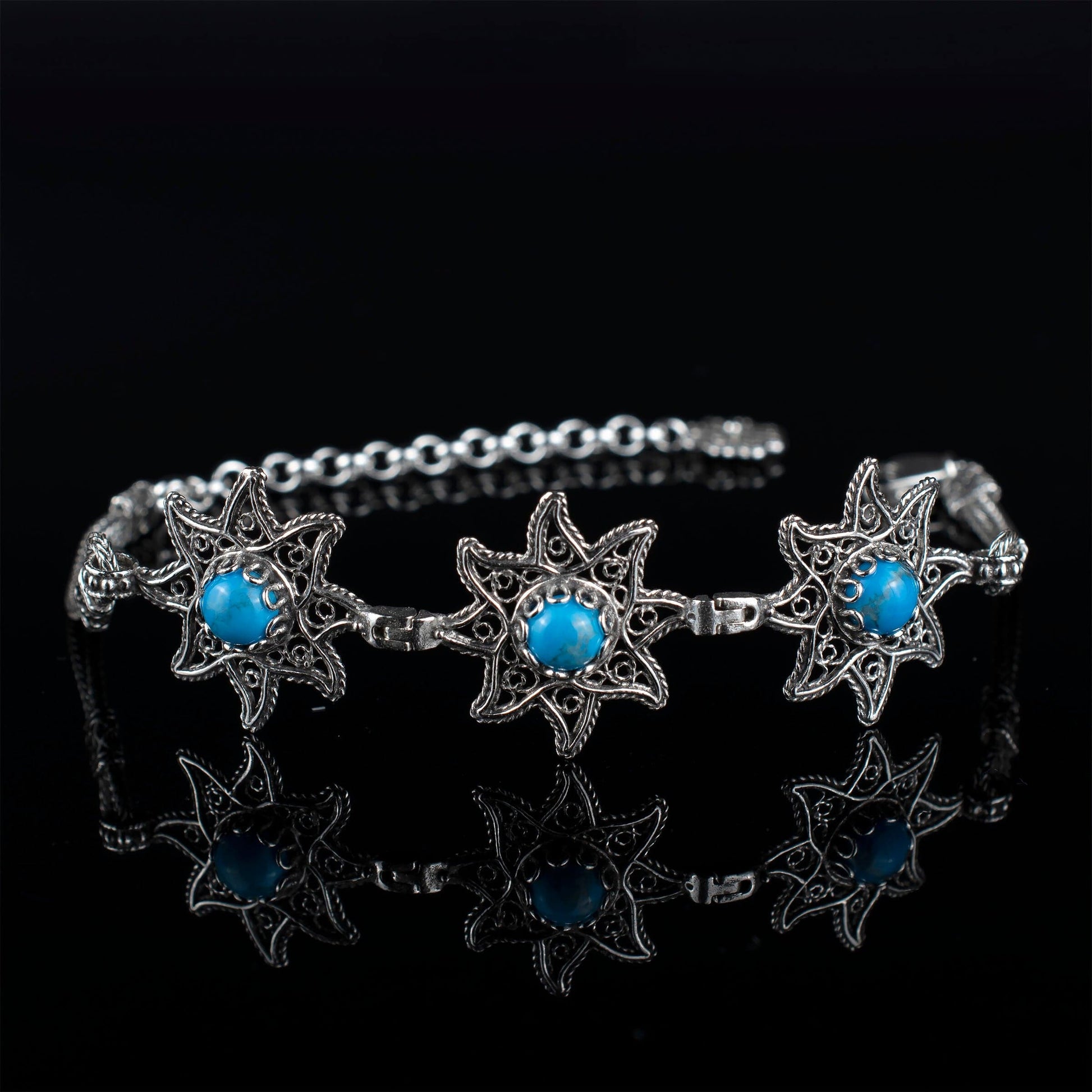 Filigree Art Turquoise Gemstone Star Figured Women Silver Link