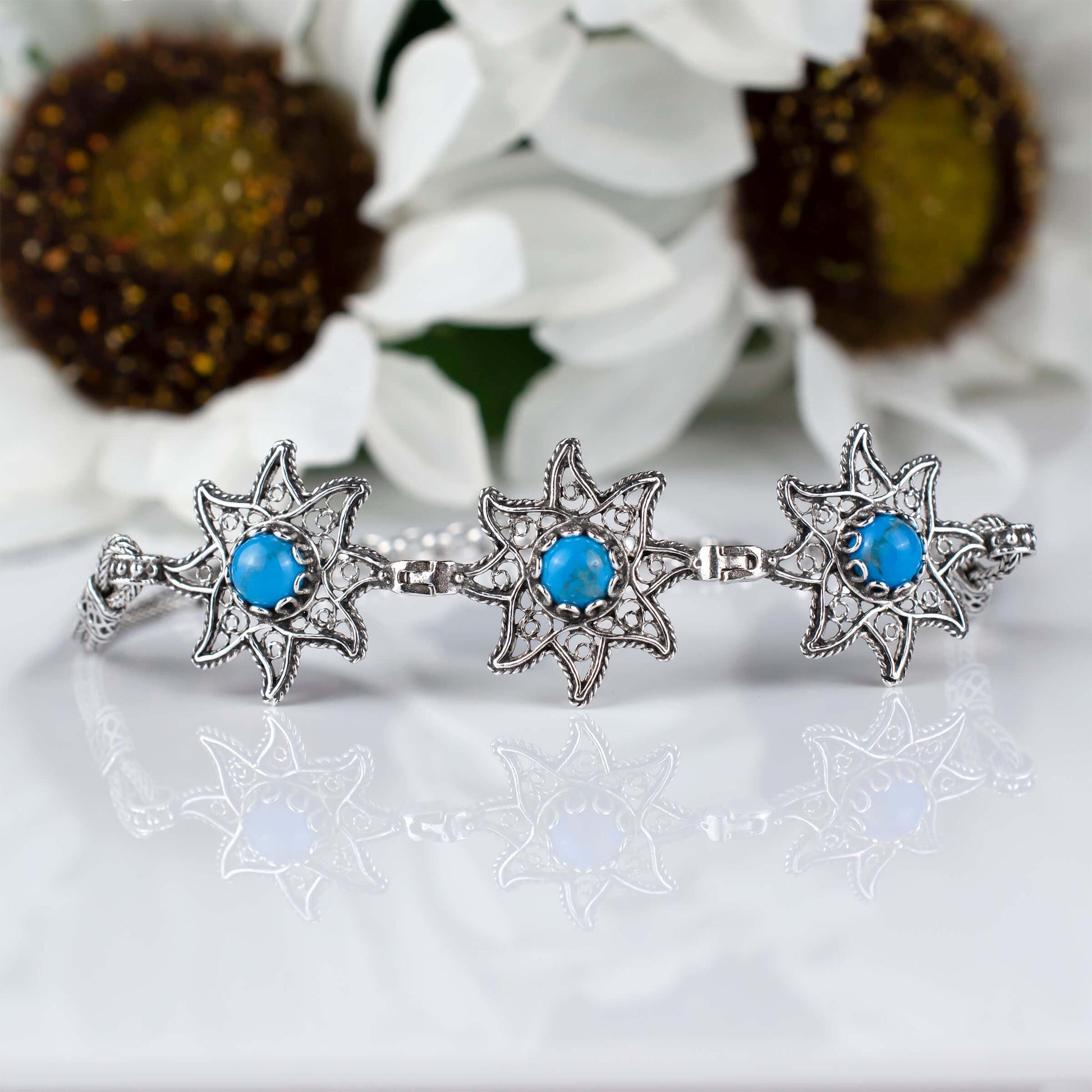 Filigree Art Turquoise Gemstone Star Figured Women Silver Link
