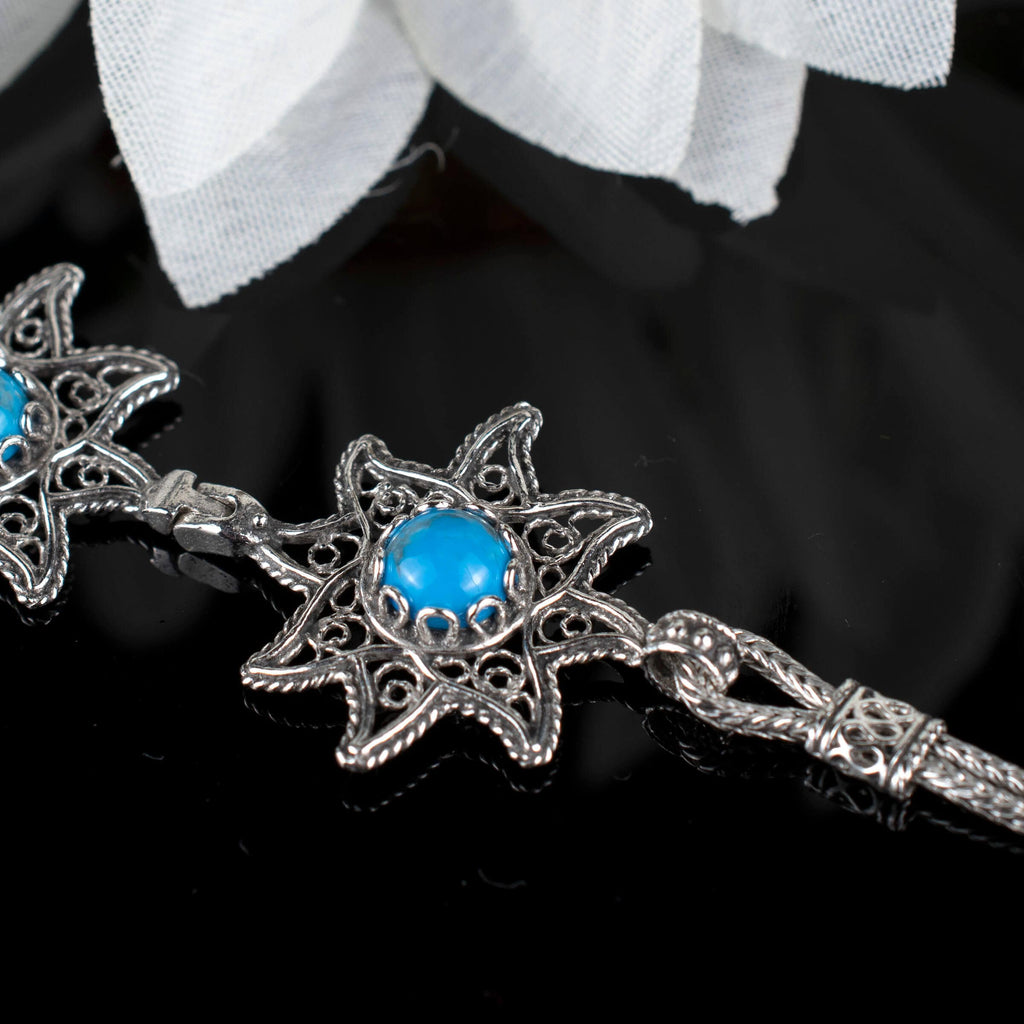 Filigree Art Turquoise Gemstone Star Figured Women Silver Link