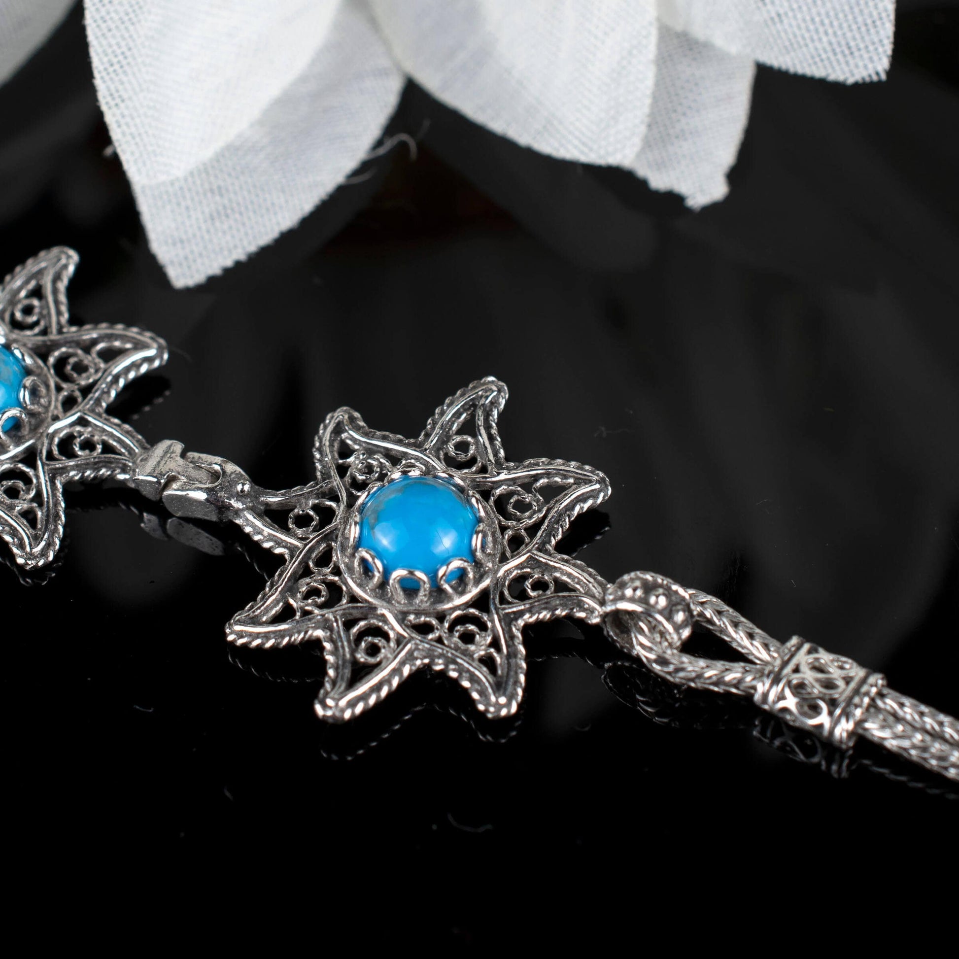 Filigree Art Turquoise Gemstone Star Figured Women Silver Link