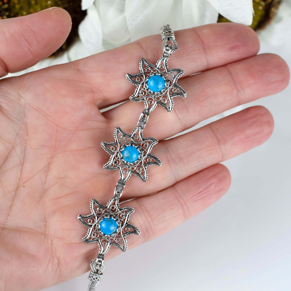 Filigree Art Turquoise Gemstone Star Figured Women Silver Link