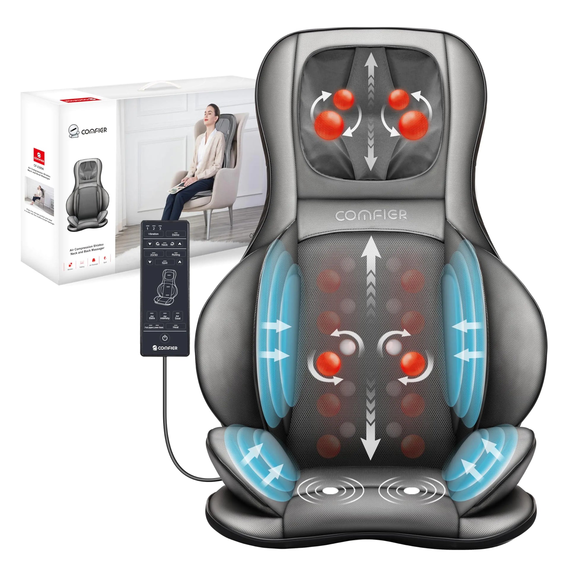 COMFIER Massager Chair with Heat Shiatsu Neck Back Massager Portable with Compress & RollingMassage Chair Pad for Full Back Neck & ShouldersFull Body Pain Gray