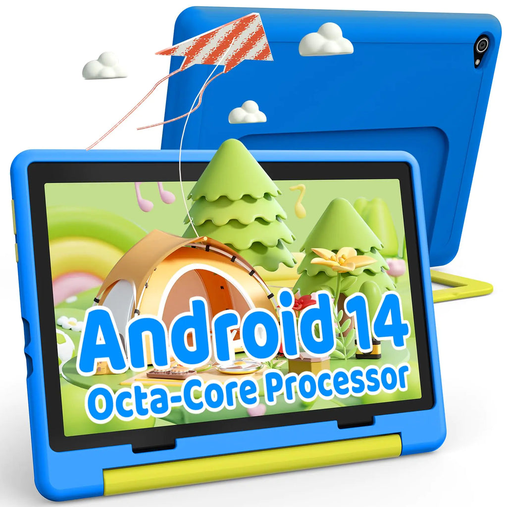 CHOFSLIA Android 14 Kids Tablet Octa-Core Processor Tablet for Kids 8GB+64GB 5000mAh Kidoz Pre Installed Parental Control WiFi 6 Bluetooth 5.3 Kid-Proof Case 3 DIY Stickers (Blue)
