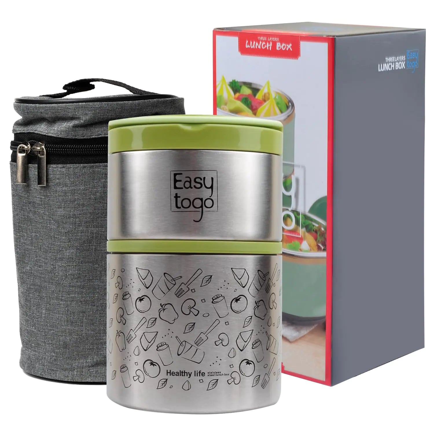 Easy Togo 2-Tier Lunch Box - 32oz Stainless Steel Stackable Insulated Food Container with Lunch Bag Portable Lunch Box for Adult Women Men Green Togo Lunch Box