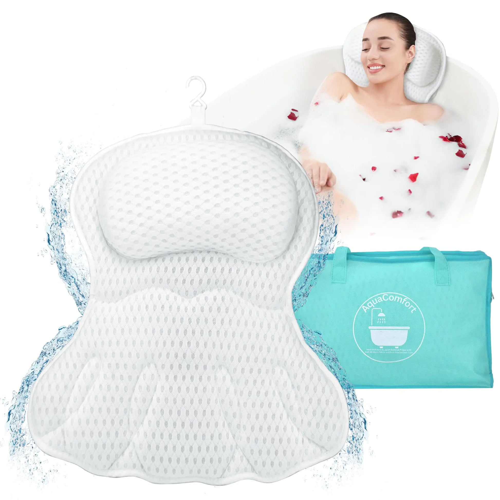 AquaComfort - Bath Pillow - Bathtub Pillow for Head Neck and Back Support - Luxury Bath Pillows for Tub - Bathtub Back Cushion and Pillow for Adults Bathtub Back Support Bathtub Backrest