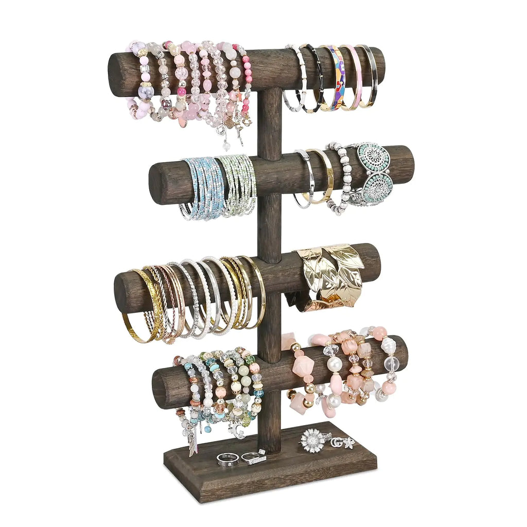 MOOCA 4-Tier Wooden Jewelry Display Stand Bracelets Necklaces Watches Bangles Holder Stand Accessory Display Storage Organizer Dark Brown Color
