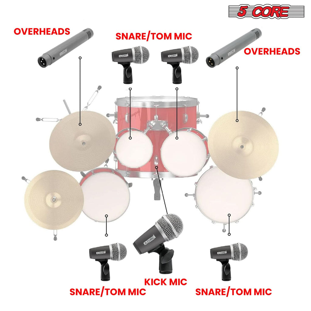 5Core Drum Mic Kit 7 Pcs Kick BassTom Snare Dynamic Mics Instrument