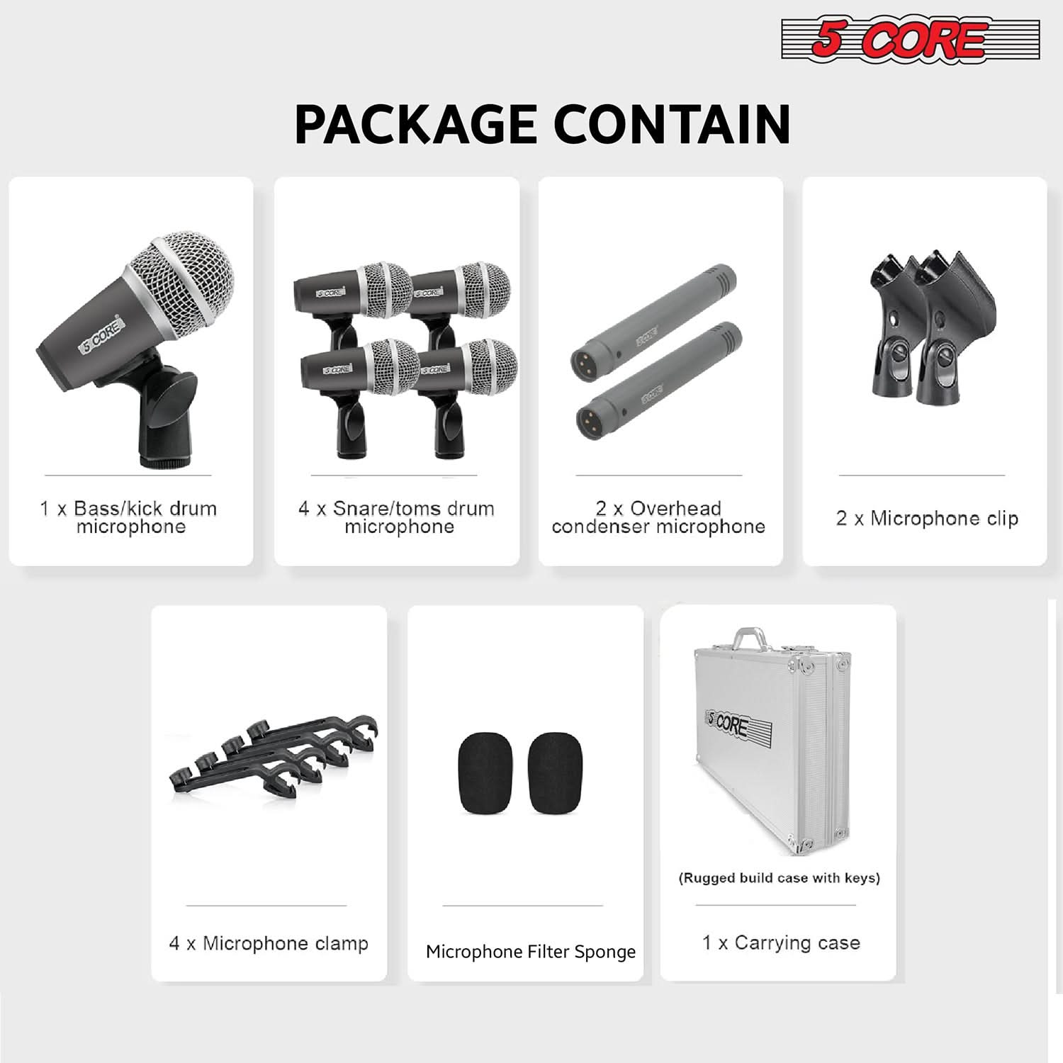 5Core Drum Mic Kit 7 Pcs Kick BassTom Snare Dynamic Mics Instrument