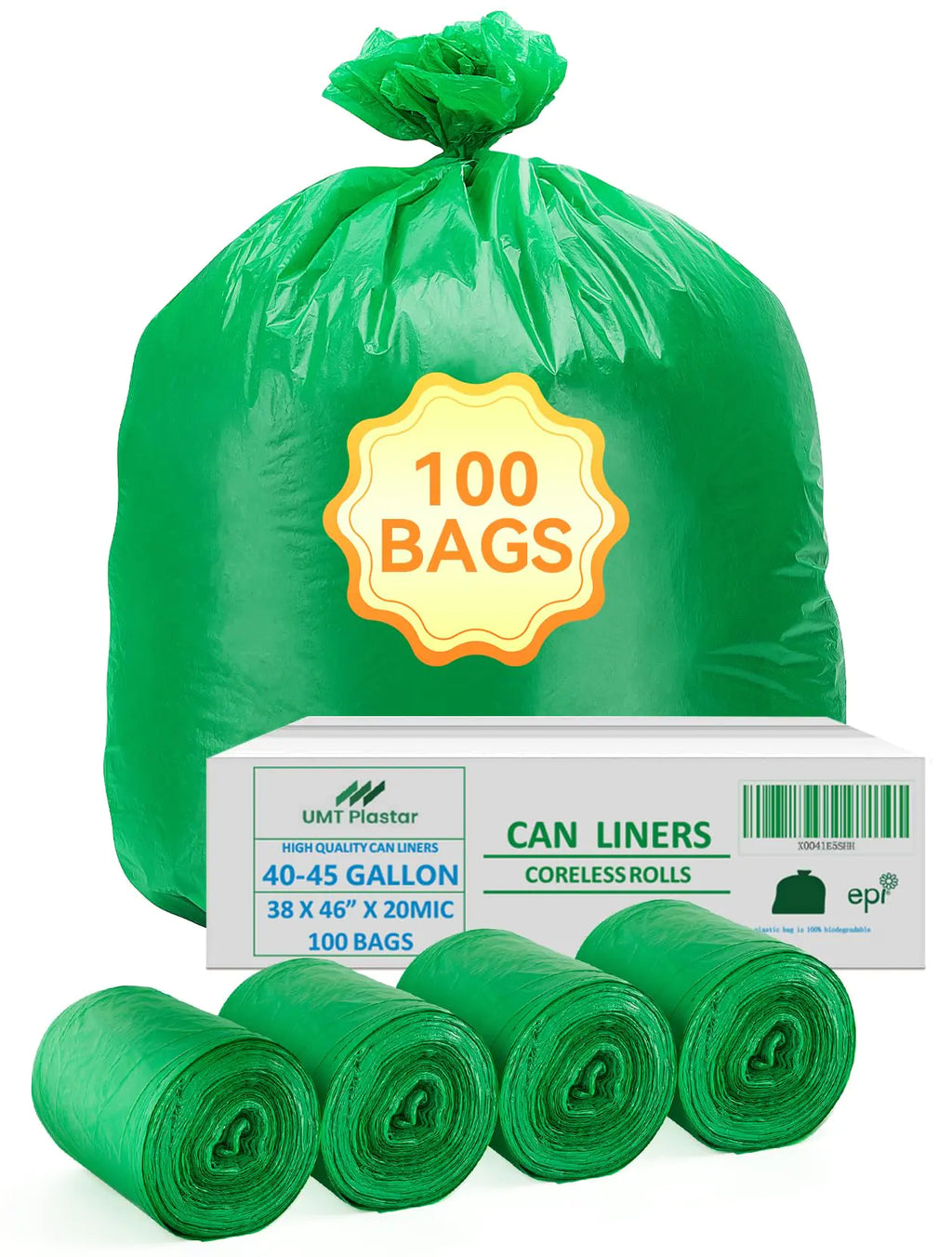 UMT Plastar 100 Count 100% Biodegradable and Compostable Trash Bags 40-45 Gallon 20 Microns 38x46 Inches Green Eco-Friendly