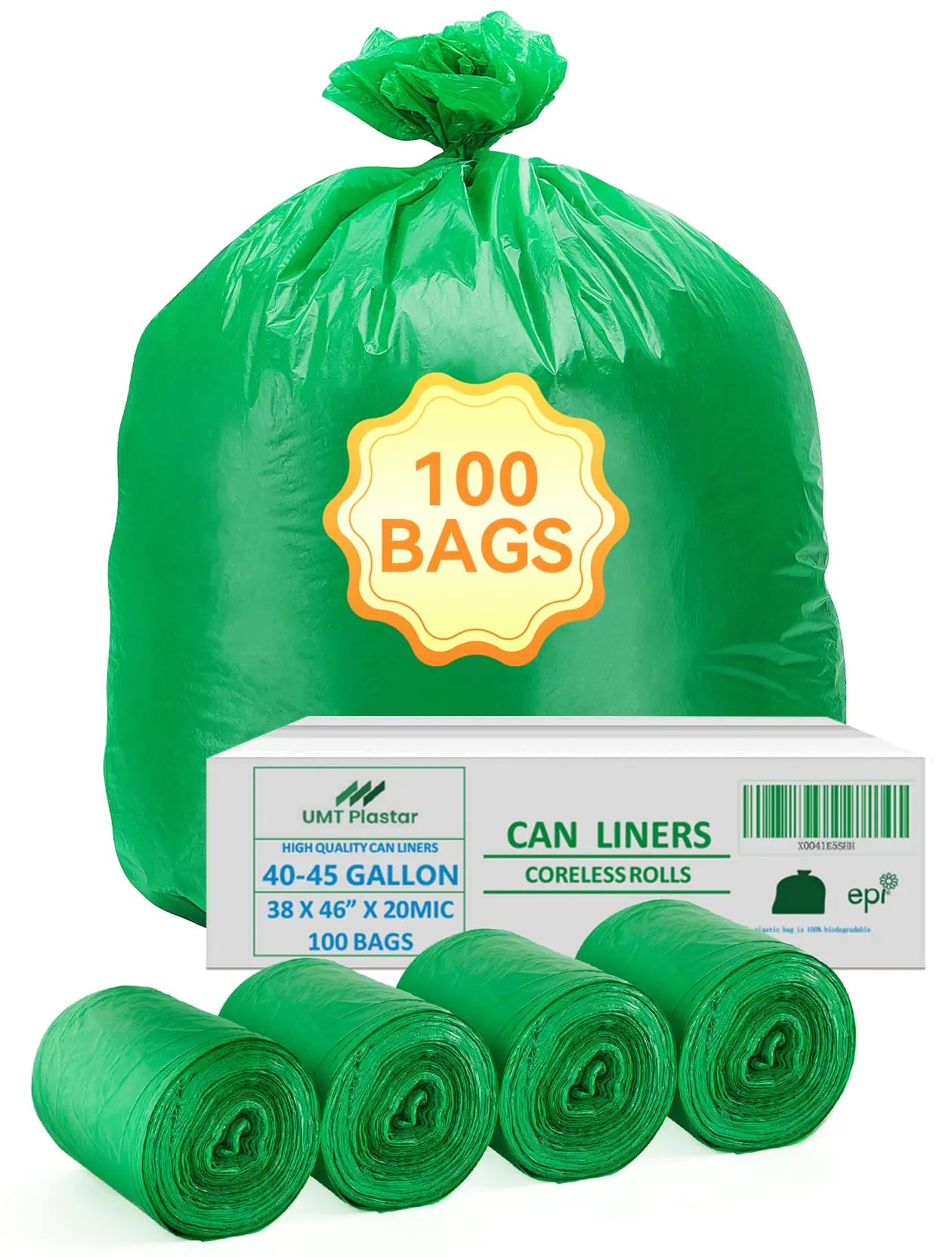 UMT Plastar 100 Count 100% Biodegradable and Compostable Trash Bags 40-45 Gallon 20 Microns 38x46 Inches Green Eco-Friendly