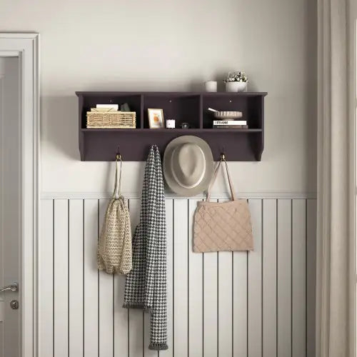 Espresso Entryway Wall Mounted Coat Rack With 4 Dual Hooks Living Room Wooden Storage Shelf