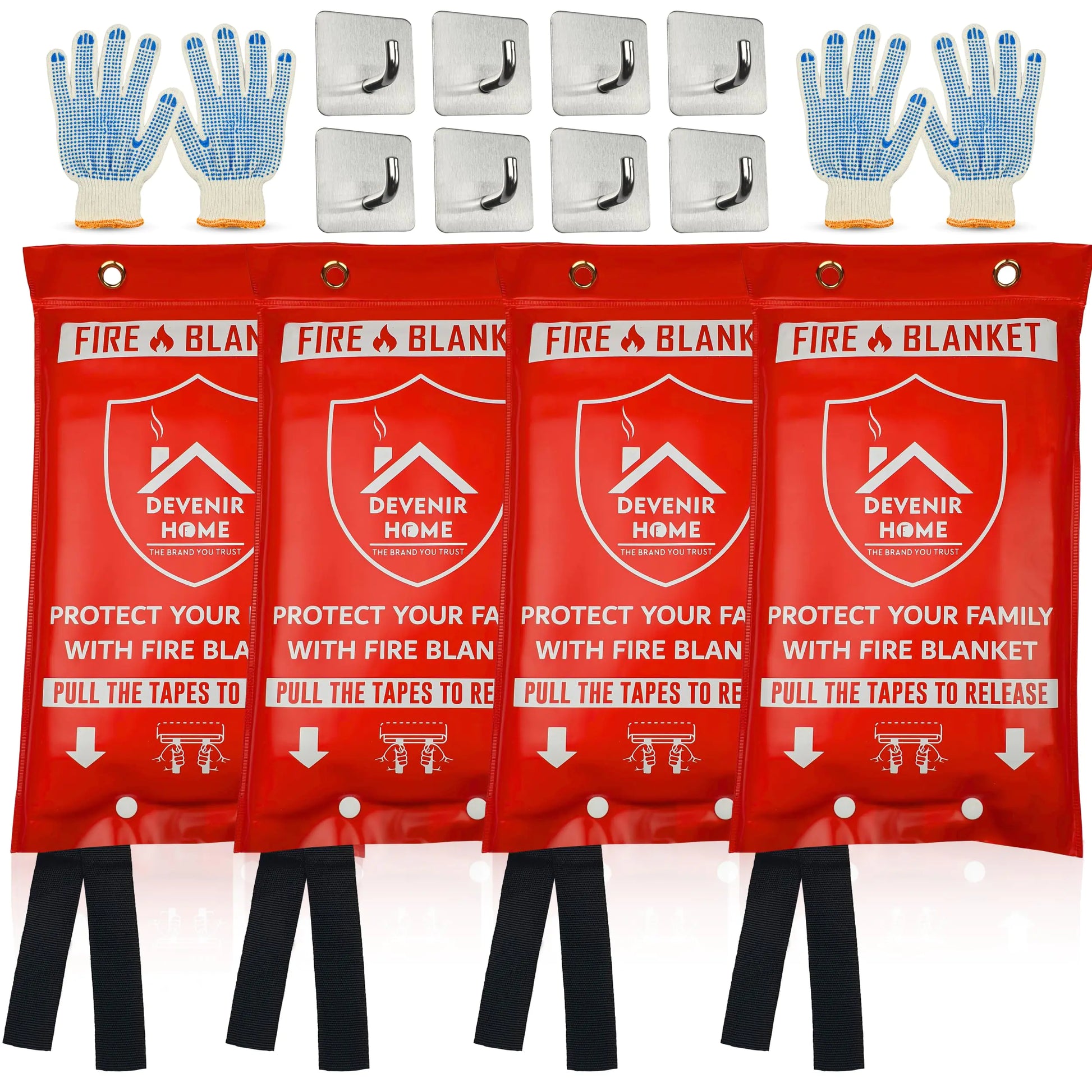 Devenir Home Extra Large Fire Blanket - 48”x 48” Pack of 4 Blankets with 8 Hooks and 4 Gloves Fire Blankets Emergency for Home Car Kitchen Warehouse Outdoor and Camping Safety