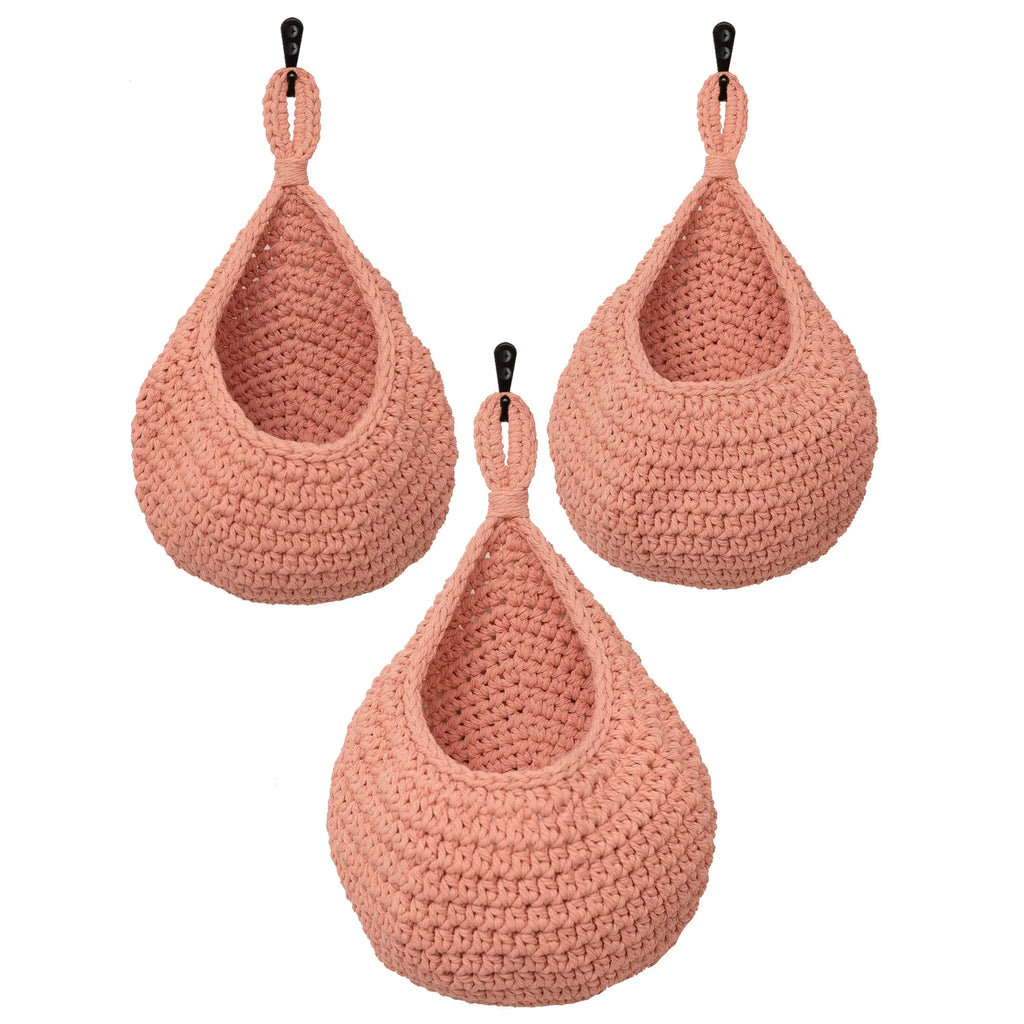 Wall Hanging Fruit Vegetables Basket -Odorless Small Medium & Large Hanging Onion Potatoes Toys Baskets for Kitchen & Home Storage - Versatile Hand Woven Plant Basket Holder - Set of 3 Light Pink