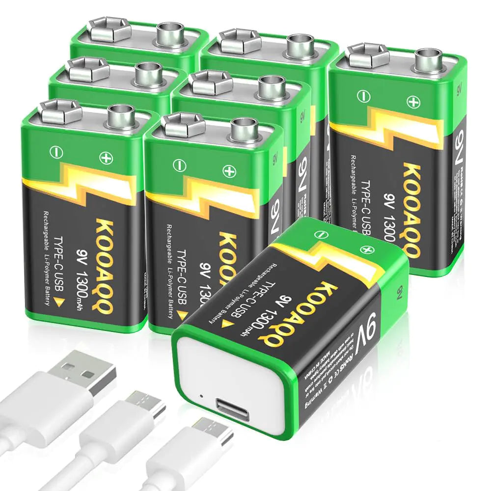 8-Pack Rechargeable 9V Batteries High Capacity 1300mAh 9 Volt Lithium-ion Long Lasting Power USB-C Recharge with 2 in 1 Charging Cable for Smoke AlarmsMultimetersToysMicrophonesWalkie-Talkie