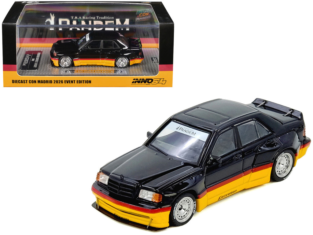 Pandem Rocket Bunny 190E Black with Red and Yellow Stripes "Diecast Con Madrid 2026 Event Edition" 1/64 Diecast Model Car by Inno Models-0
