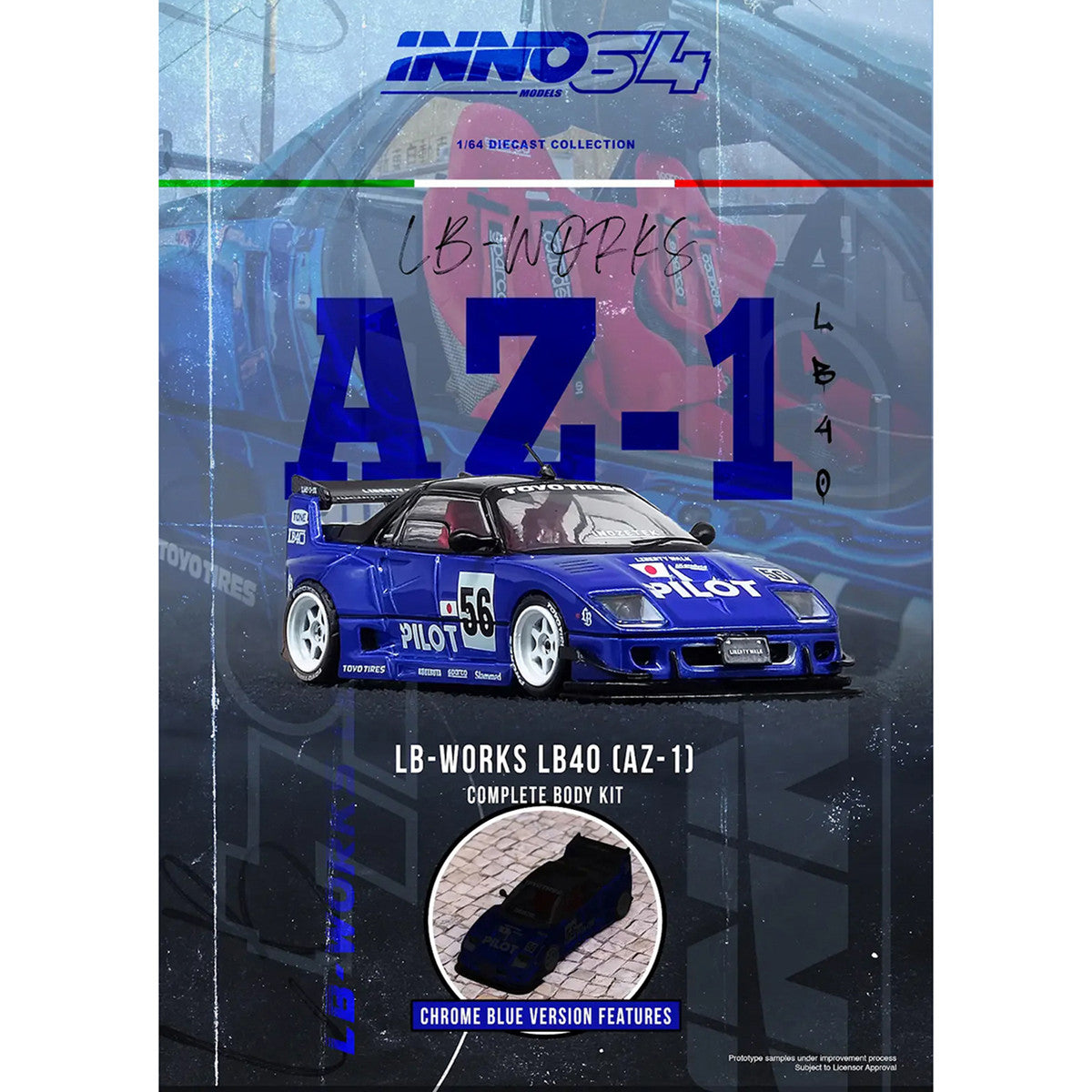 Mazda AZ-1 Liberty Walk LB40 RHD (Right Hand Drive) #56 "Pilot" Blue with Black Top 1/64 Diecast Model Car by Inno Models-3