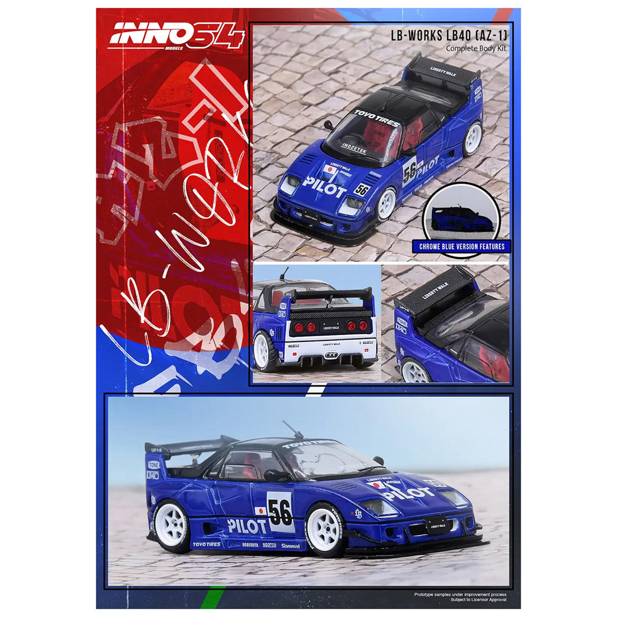 Mazda AZ-1 Liberty Walk LB40 RHD (Right Hand Drive) #56 "Pilot" Blue with Black Top 1/64 Diecast Model Car by Inno Models-4