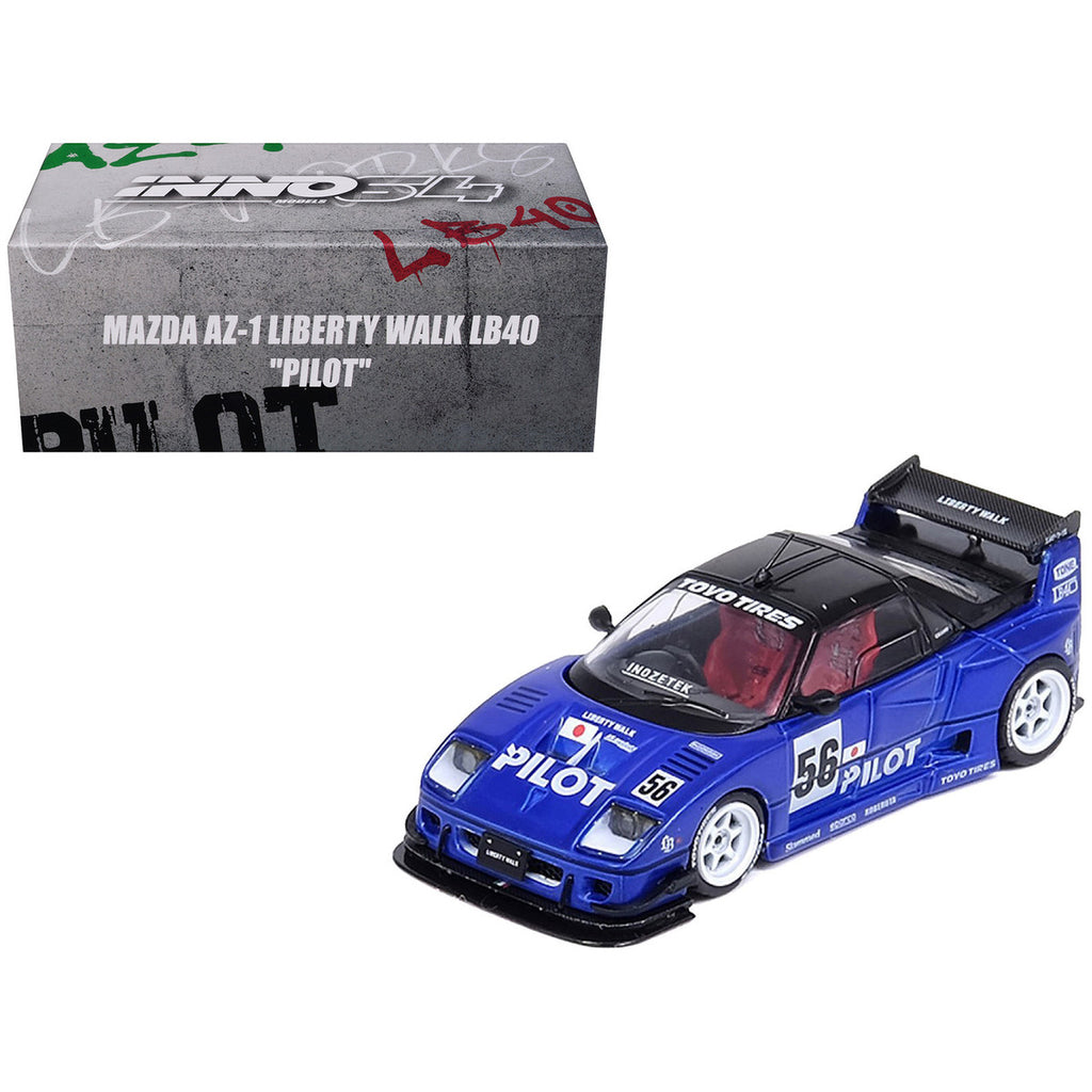 Mazda AZ-1 Liberty Walk LB40 RHD (Right Hand Drive) #56 "Pilot" Blue with Black Top 1/64 Diecast Model Car by Inno Models-0