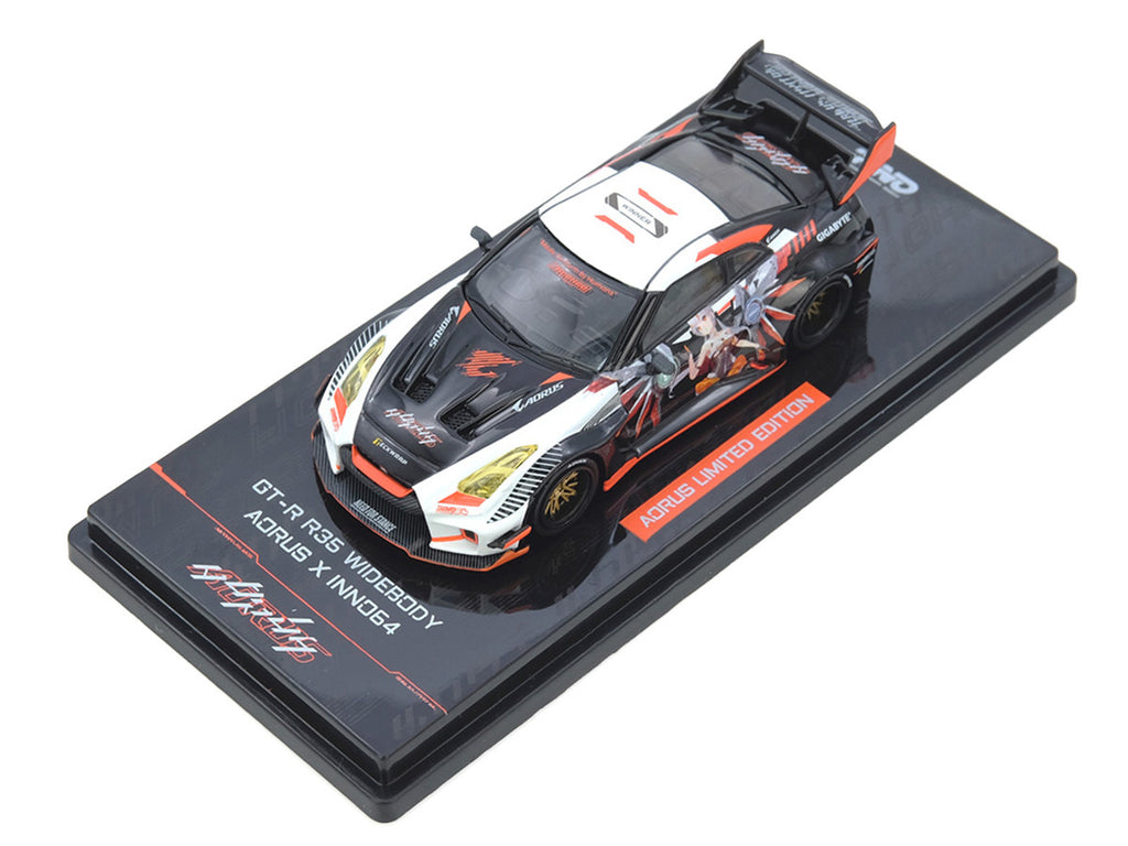 Nissan GT-R (R35) Widebody RHD (Right Hand Drive) Black and White with Graphics "AORUS X INNO64 Limited Edition" 1/64 Diecast Model Car by Inno Models-2