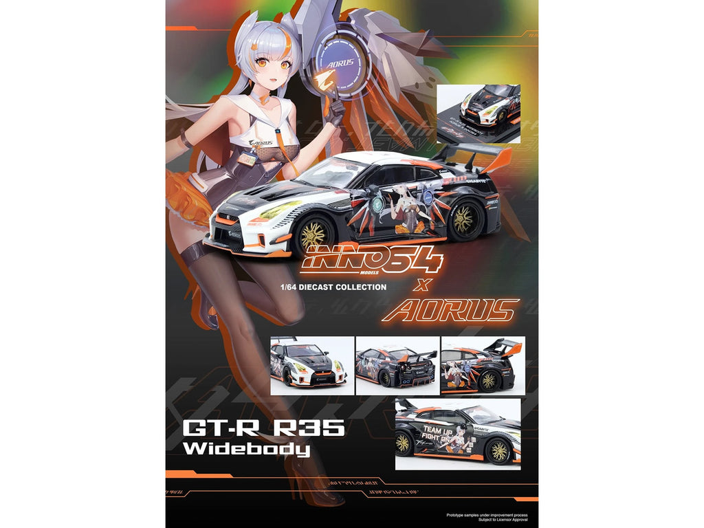 Nissan GT-R (R35) Widebody RHD (Right Hand Drive) Black and White with Graphics "AORUS X INNO64 Limited Edition" 1/64 Diecast Model Car by Inno Models-3