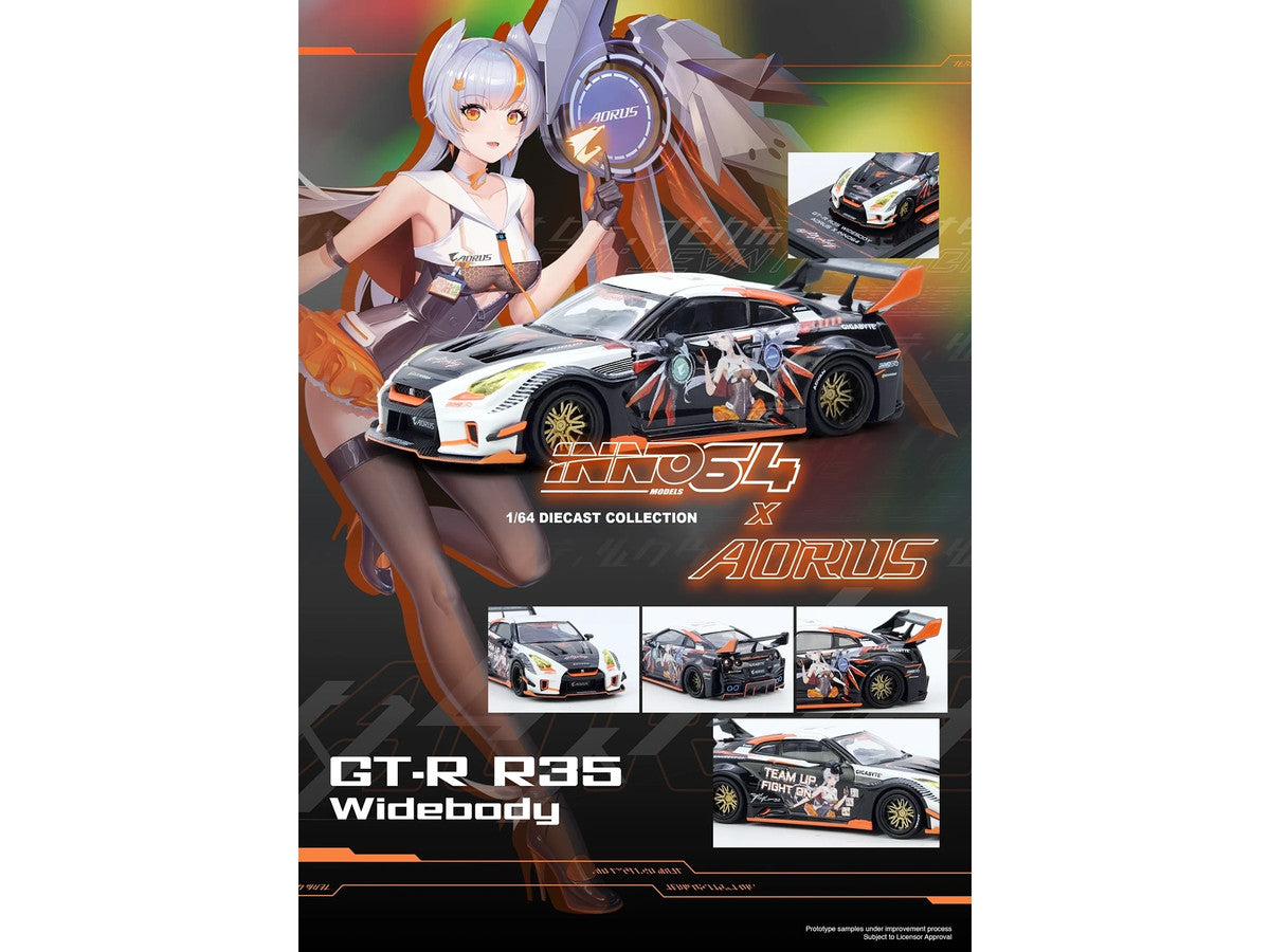 Nissan GT-R (R35) Widebody RHD (Right Hand Drive) Black and White with Graphics "AORUS X INNO64 Limited Edition" 1/64 Diecast Model Car by Inno Models-3