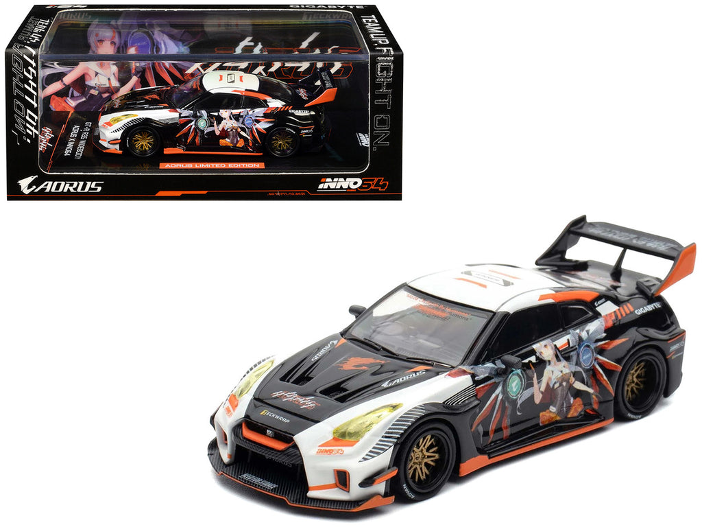 Nissan GT-R (R35) Widebody RHD (Right Hand Drive) Black and White with Graphics "AORUS X INNO64 Limited Edition" 1/64 Diecast Model Car by Inno Models-4