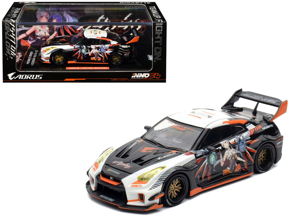 Nissan GT-R (R35) Widebody RHD (Right Hand Drive) Black and White with Graphics "AORUS X INNO64 Limited Edition" 1/64 Diecast Model Car by Inno Models-4