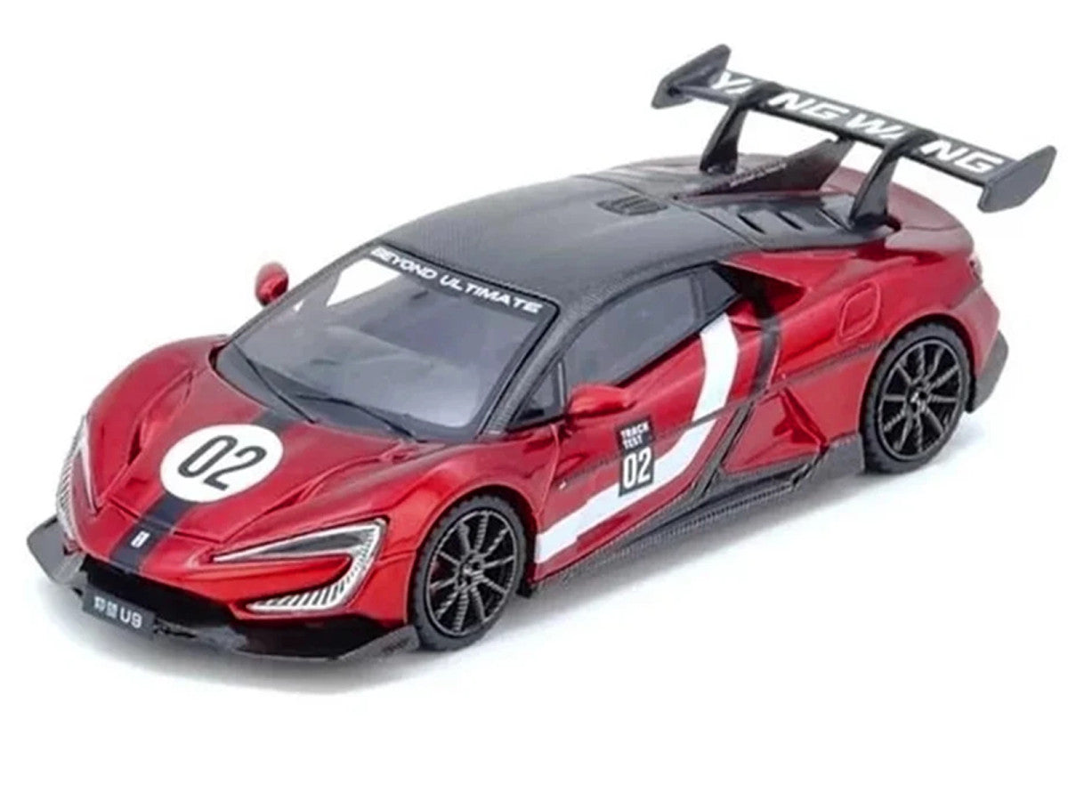 2025 Yangwang U9 Xtreme Test Car #02 Red Metallic with White Stripes and Carbon Top "World Fastest EV Supercar" 1/64 Diecast Model Car by Inno Models-1