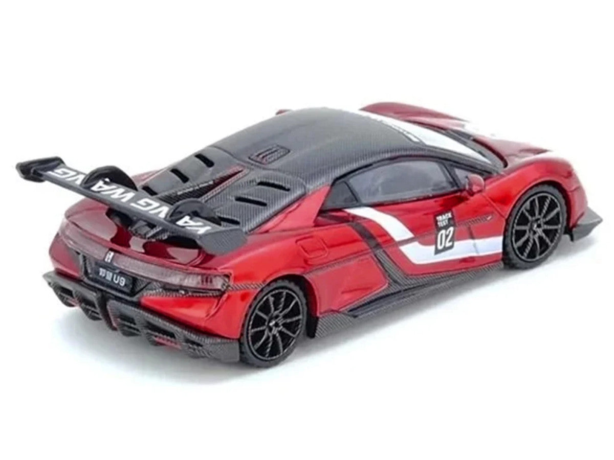 2025 Yangwang U9 Xtreme Test Car #02 Red Metallic with White Stripes and Carbon Top "World Fastest EV Supercar" 1/64 Diecast Model Car by Inno Models-3