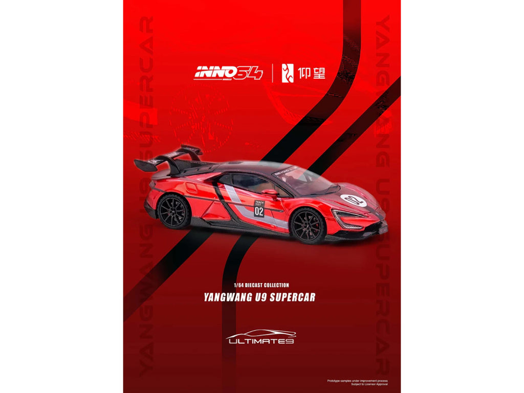 2025 Yangwang U9 Xtreme Test Car #02 Red Metallic with White Stripes and Carbon Top "World Fastest EV Supercar" 1/64 Diecast Model Car by Inno Models-4