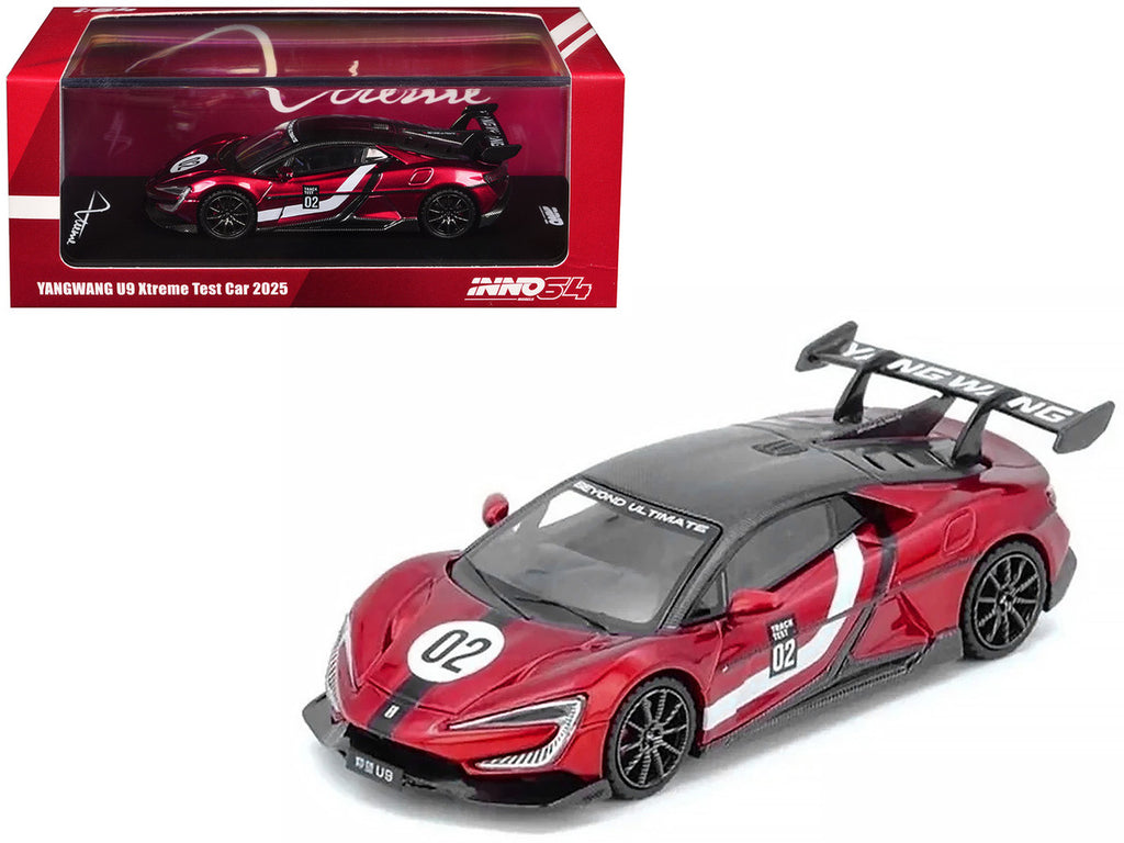 2025 Yangwang U9 Xtreme Test Car #02 Red Metallic with White Stripes and Carbon Top "World Fastest EV Supercar" 1/64 Diecast Model Car by Inno Models-0