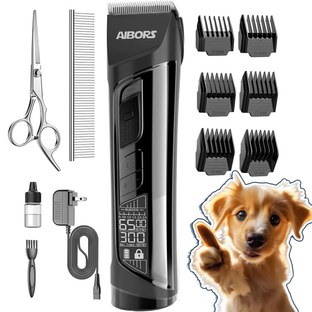 AIBORS Dog Clippers for Grooming 2600mAh 5-Speed Dog Grooming Clippers with LCD Display Low Noise Cordless Pet Hair Clippers Trimmer for Dogs Cats