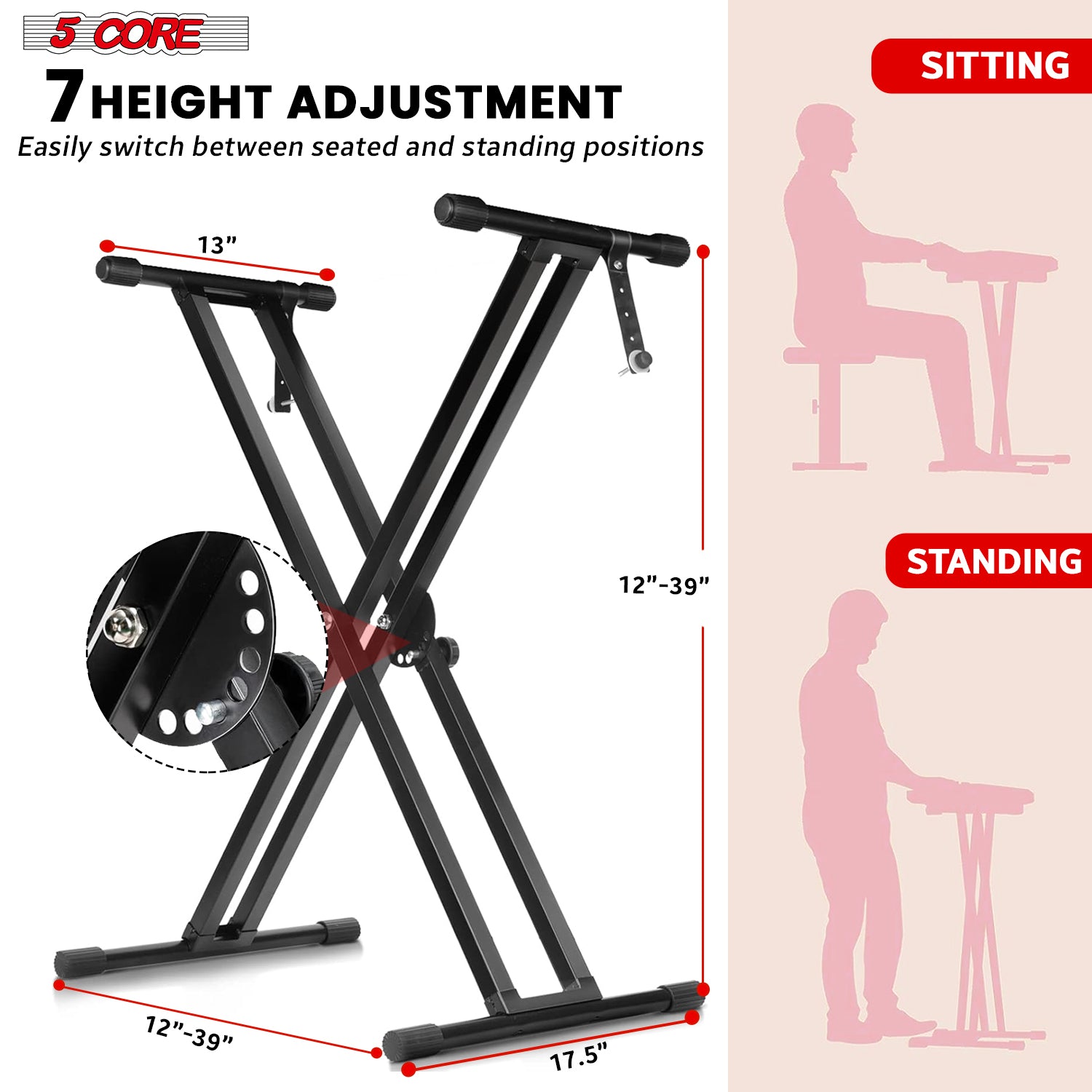 5Core Keyboard Stand Double X Style Adjustable Lift Piano Riser For 49