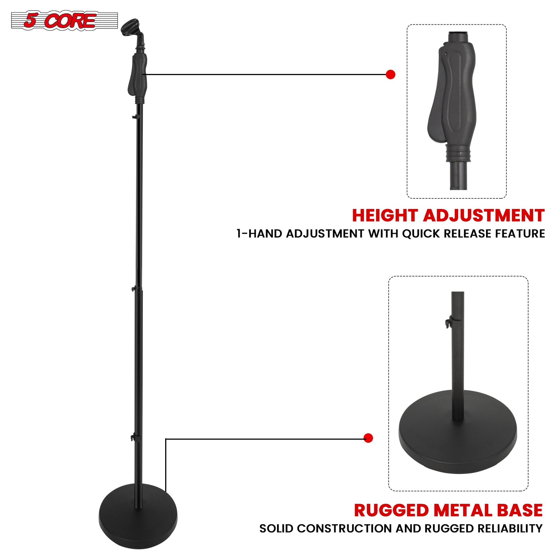 5Core Universal Microphone Stand Height Adjustable 35 to 57" Round