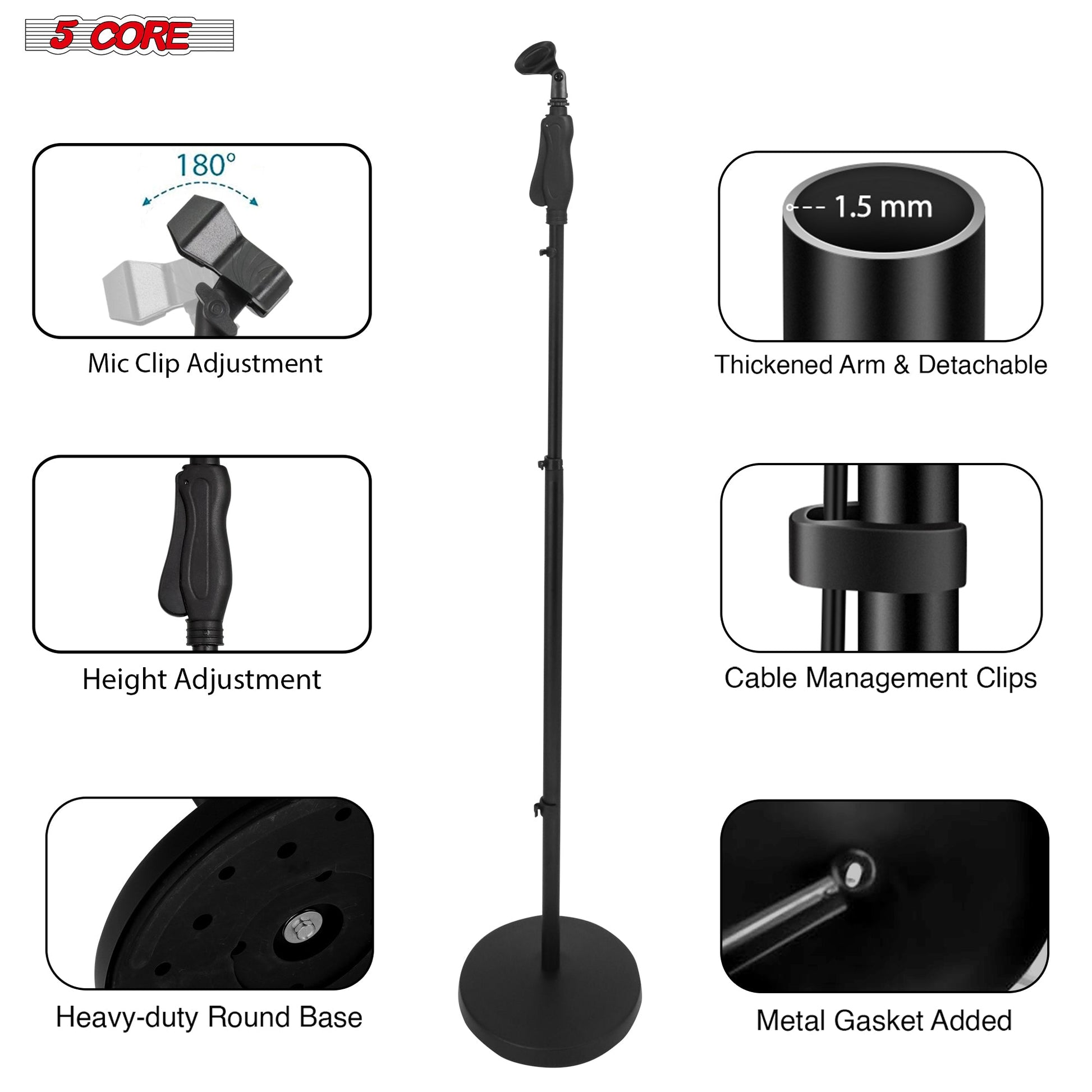 5Core Universal Microphone Stand Height Adjustable 35 to 57" Round