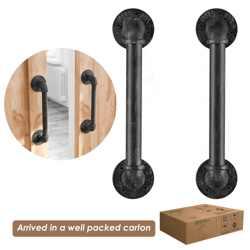 (12in - Black Brush Silver) Industrial Barn Door Handles, 100%