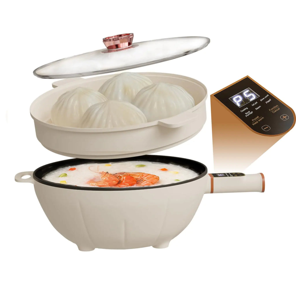 4L Smart Hot Pot 1000W Electric w. Steamer Non-Stick Coating Multi-Power & Timer Temperature Control Handle 12" Big Smart Skillet w. Tempered Glass Lid for Rice Soup Pasta Egg Frying