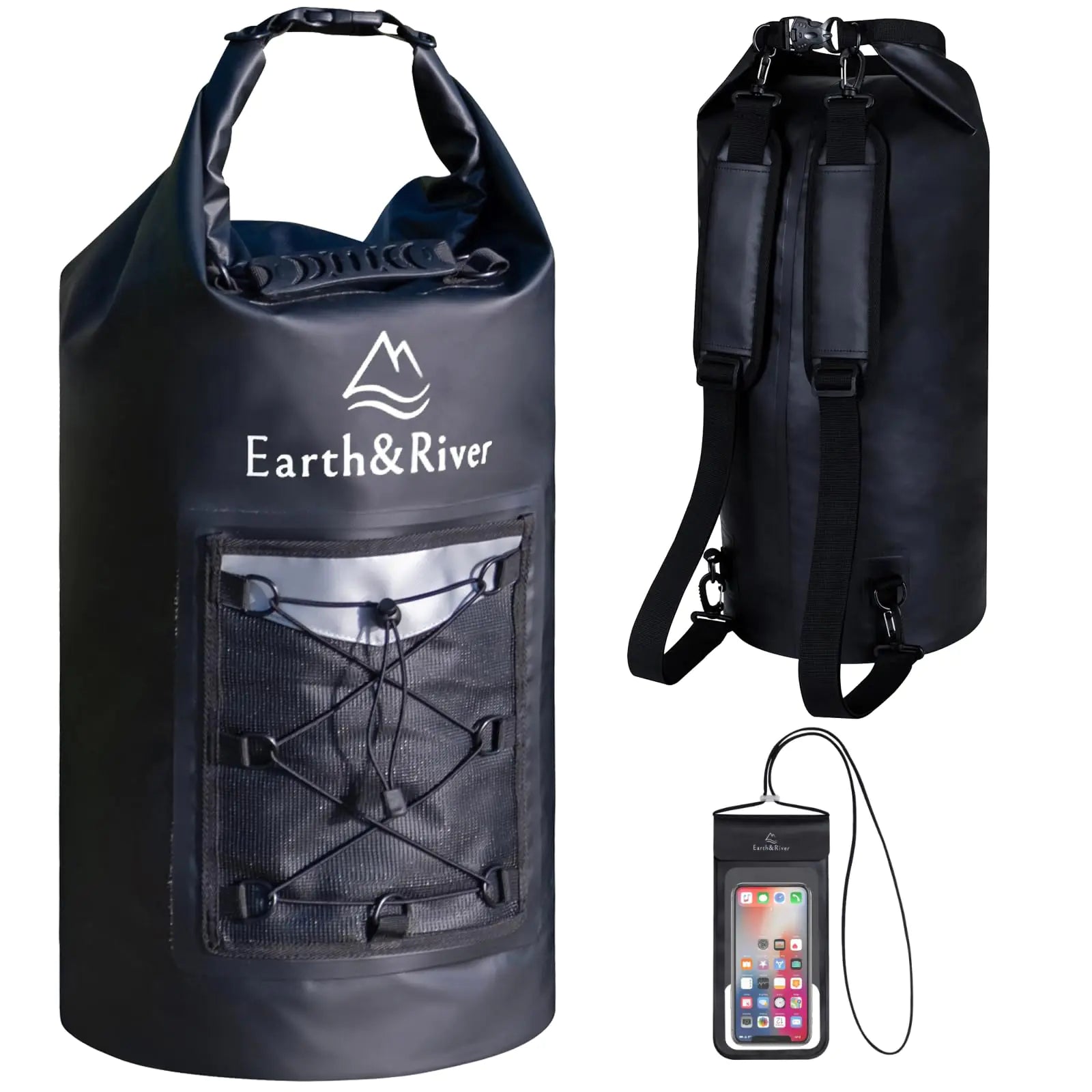 EARTH&RIVER Dry Bag Backpack Waterproof Lightweight Dry Sack for Men & Women with Pocket Storage & IPX8 Phone Case 30L Bag for Kayaking Camping Boating Rafting & Beach (Black)