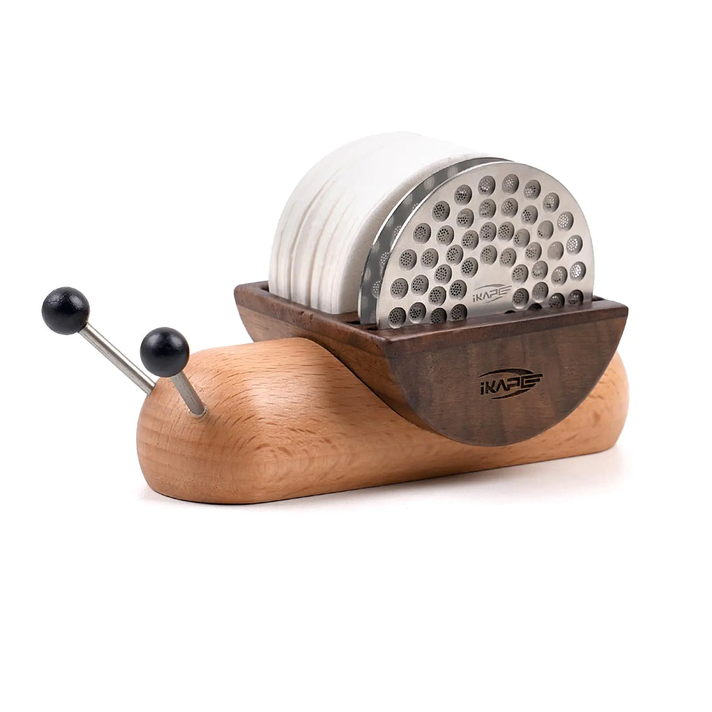 IKAPE Espresso Coffee Accessories 58mm Puck Screen 4-piece Set with 2 Ultra-thin Puck Screen 200 pcs Paper Filters and a Snail Stand Holder - Art on Coffee