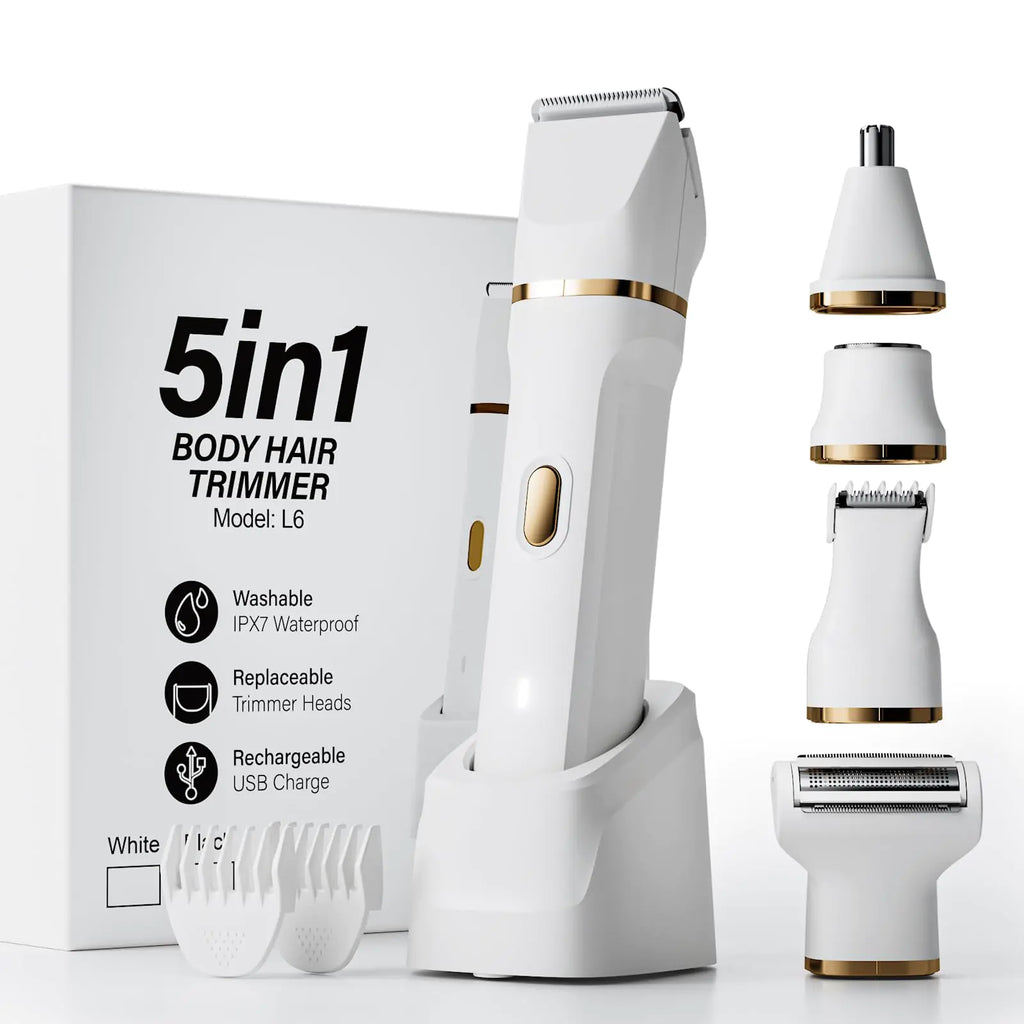 Electric Razors for Women 5-in-1 Wet/Dry Bikini Trimmer with USB Charge Dock Deluxe Facial Hair Removal Wet/Dry Body Shaver for Nose Eyebrows Beard Underarm Leg Arm IPX7 Waterproof (White)