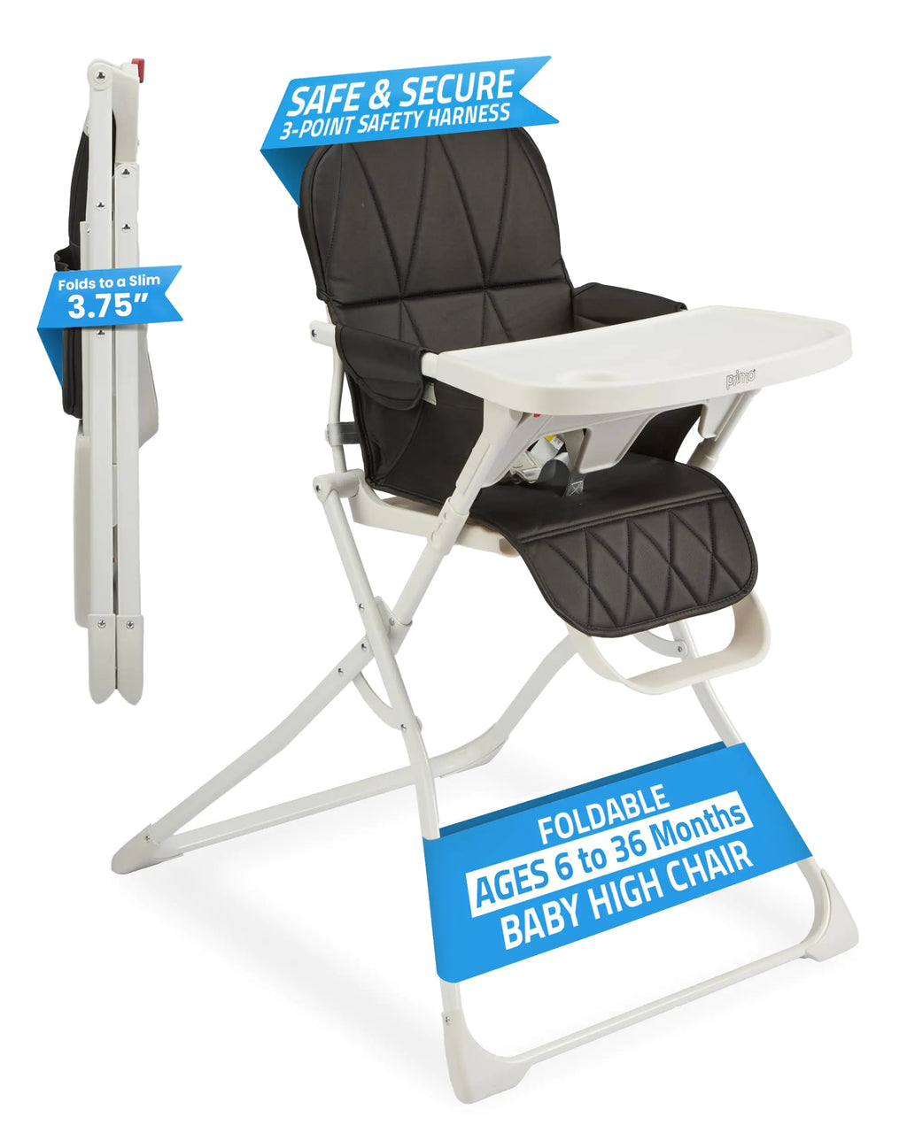Primo PopUp Folding High Chair (for Baby Age 6 to 36 Months) Black Folding Beach Chair Style High Chair with Removable Dishwasher Safe Tray 3pt Safety Harness Leatherette Seat – Space Saving Design