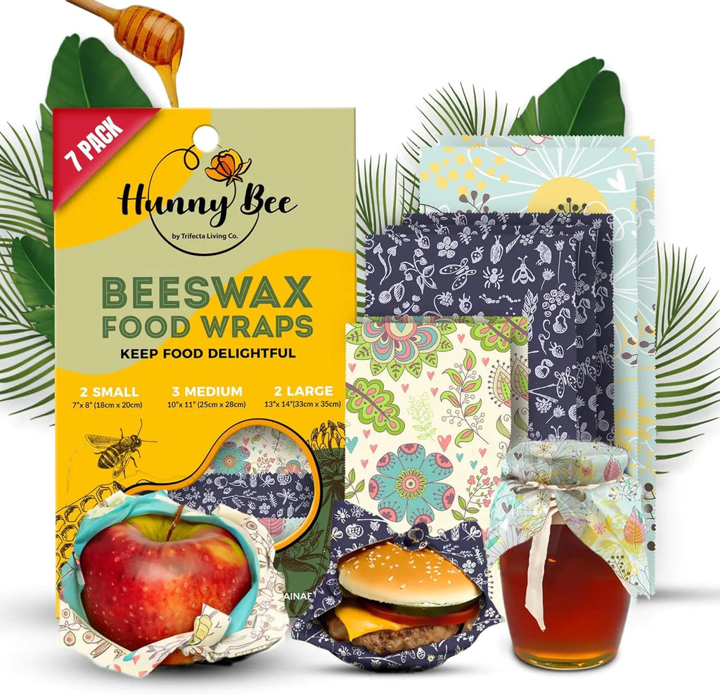 Trifecta Living Co. Versatile Beeswax WrapsSet of 7-Fresh Food Keeper Durable & Easily Cleaned Sustainable Step Towards a Zero-Waste Kitchen Unique Designs (Flower Pattern)