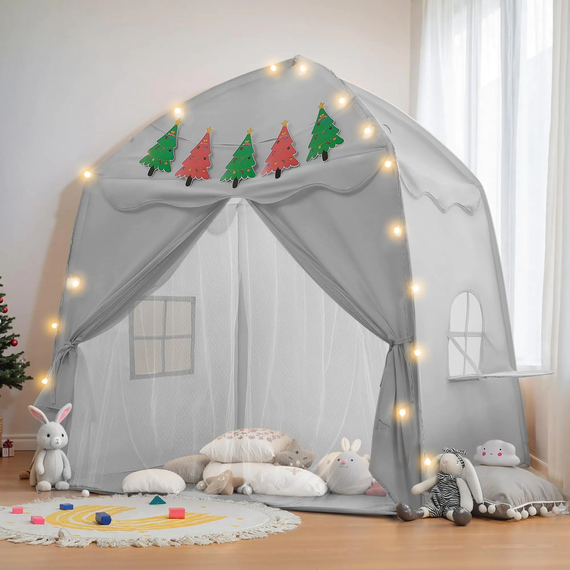 besrey Large Kids Play Tent with Christmas Tree Flags & Lights Kids Tent Indoor Toddler Tent for Boys&Girls for Kids Great Kids Playhouse 61" x39" x 58"